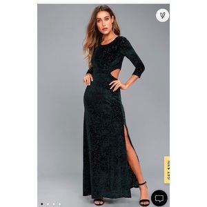 Lulus Perfect Night Forest Green Velvet Print Maxi Dress Open Back Side Slit